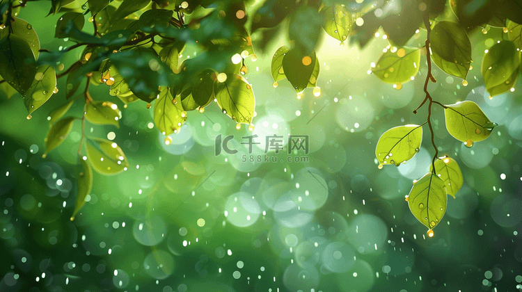 绿色森林里雨季下雨树叶树枝风景