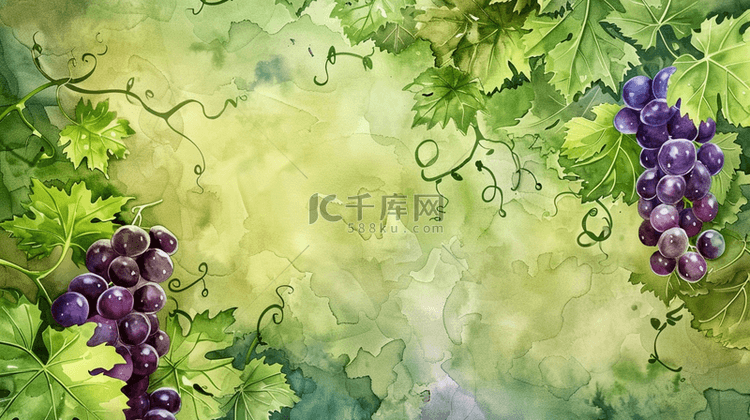 绿色水彩葡萄水果插画背景图片