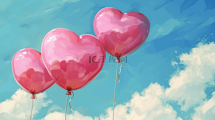 唯美蓝天白云下爱心红色气球的背