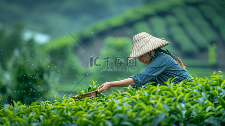 茶园中采茶的茶农摄影2