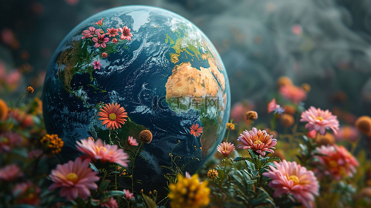 地球鲜花围绕合成创意素材背景