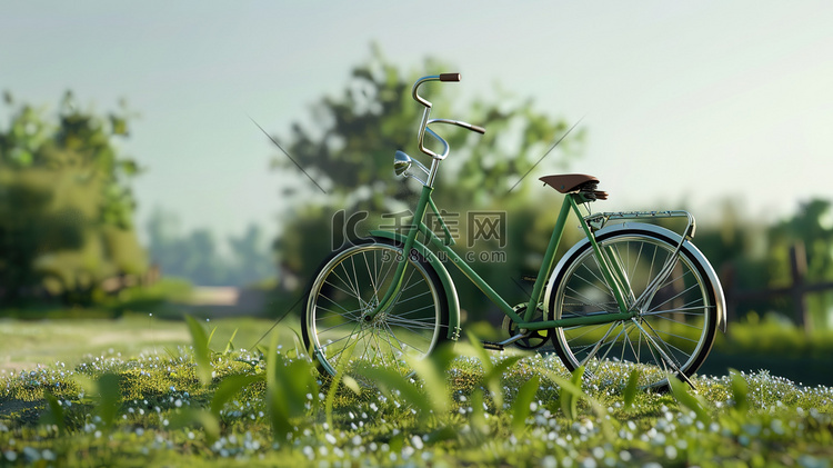 青青草地上停放着的单车图片
