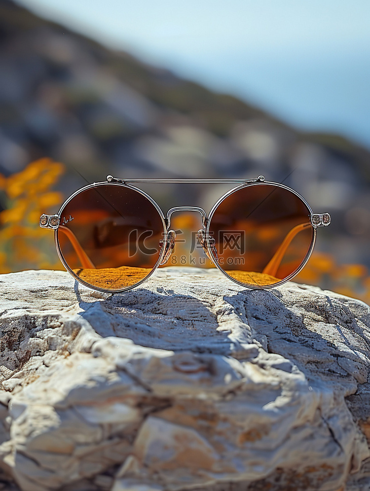 岩石上的太阳眼镜墨镜摄影照片