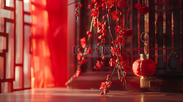 红色灯笼盆栽木窗摄影照片