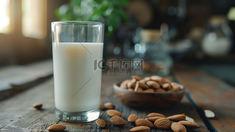 牛奶巴旦木桌子早餐摄影照片