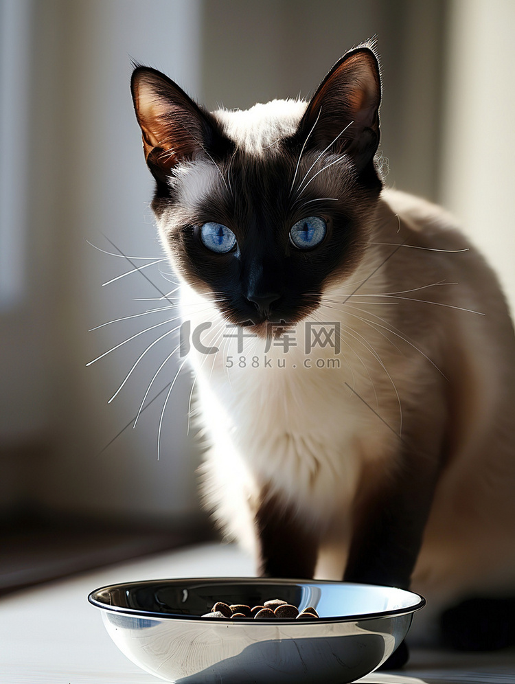 暹罗猫和碗里的猫粮图片