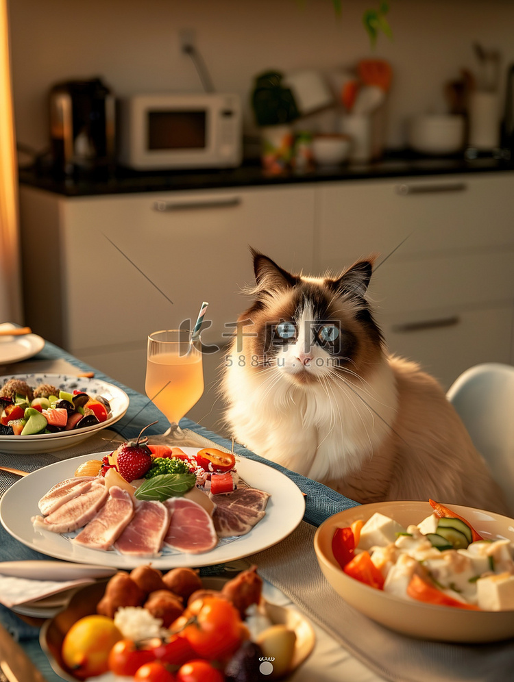 丰盛美食前的猫咪高清图片