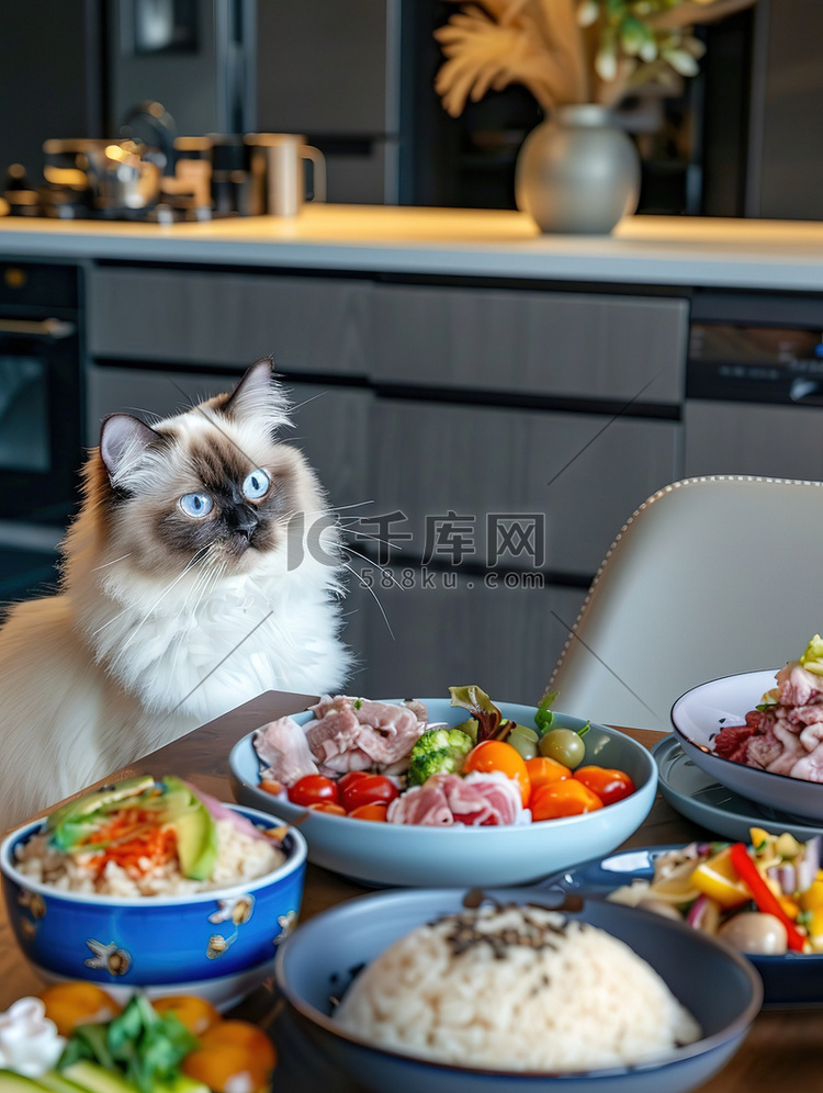 丰盛美食前的猫咪摄影图