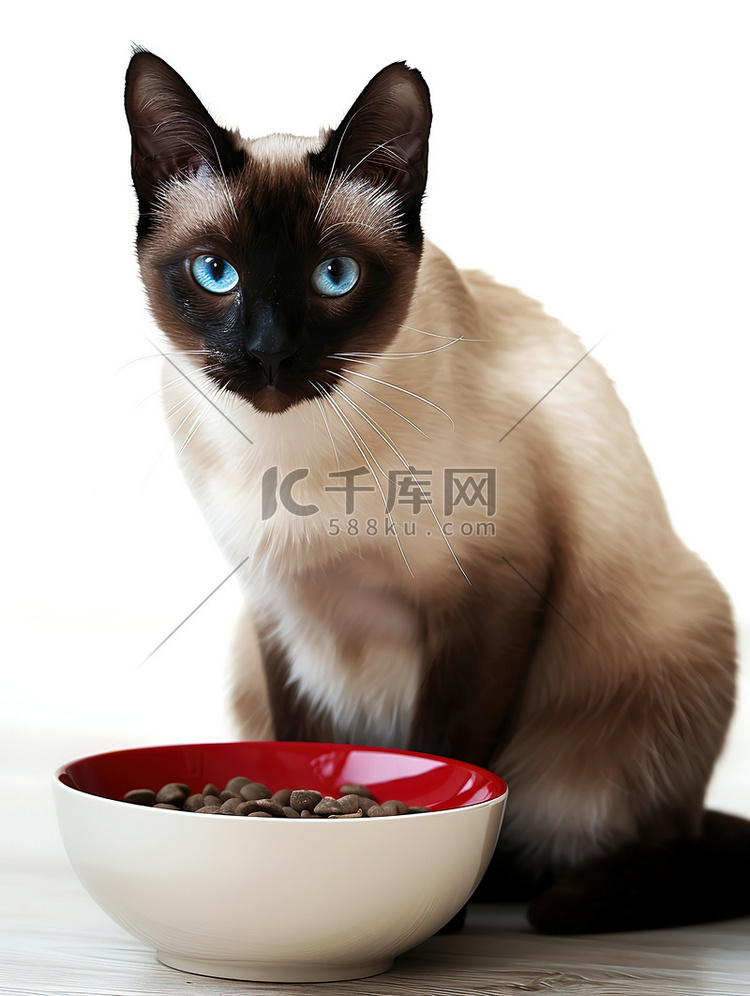 暹罗猫和碗里的猫粮摄影图