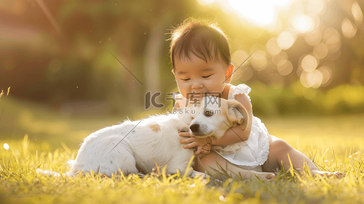 草坪上抱着狗狗的儿童3