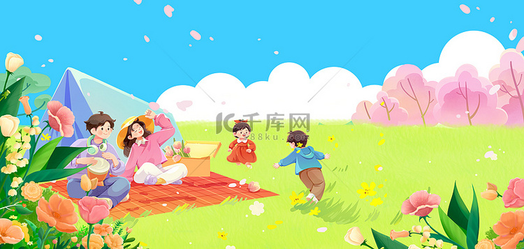 春季踏青一家人春游卡通背景