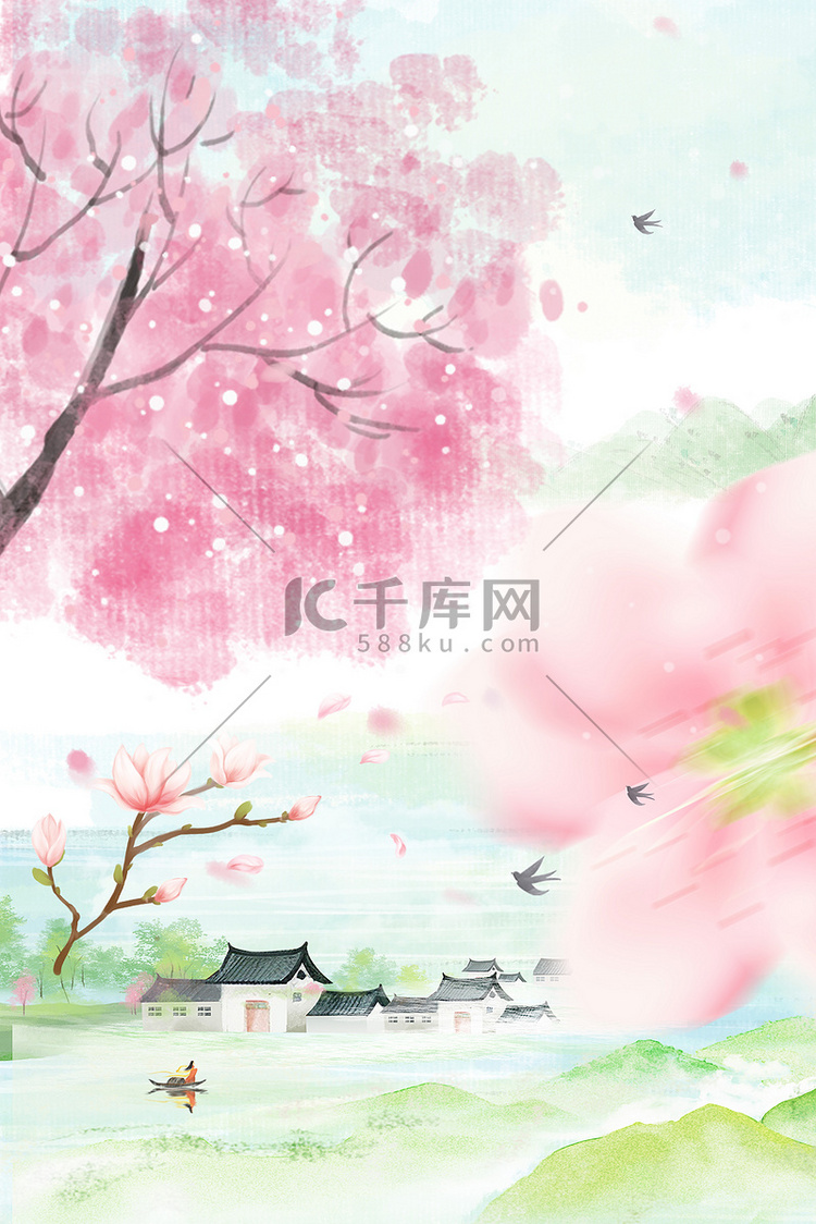 春季赏桃花桃花粉色古风水墨背景