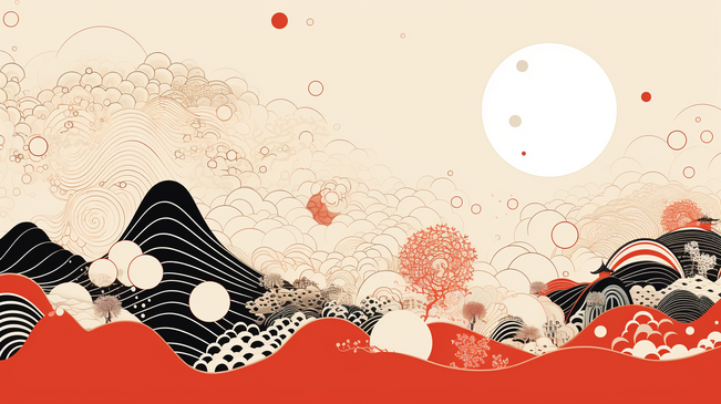 日本浪花线艺术风景背景。抽象山脉横幅设计图案。矢量插画几何海报。图片
