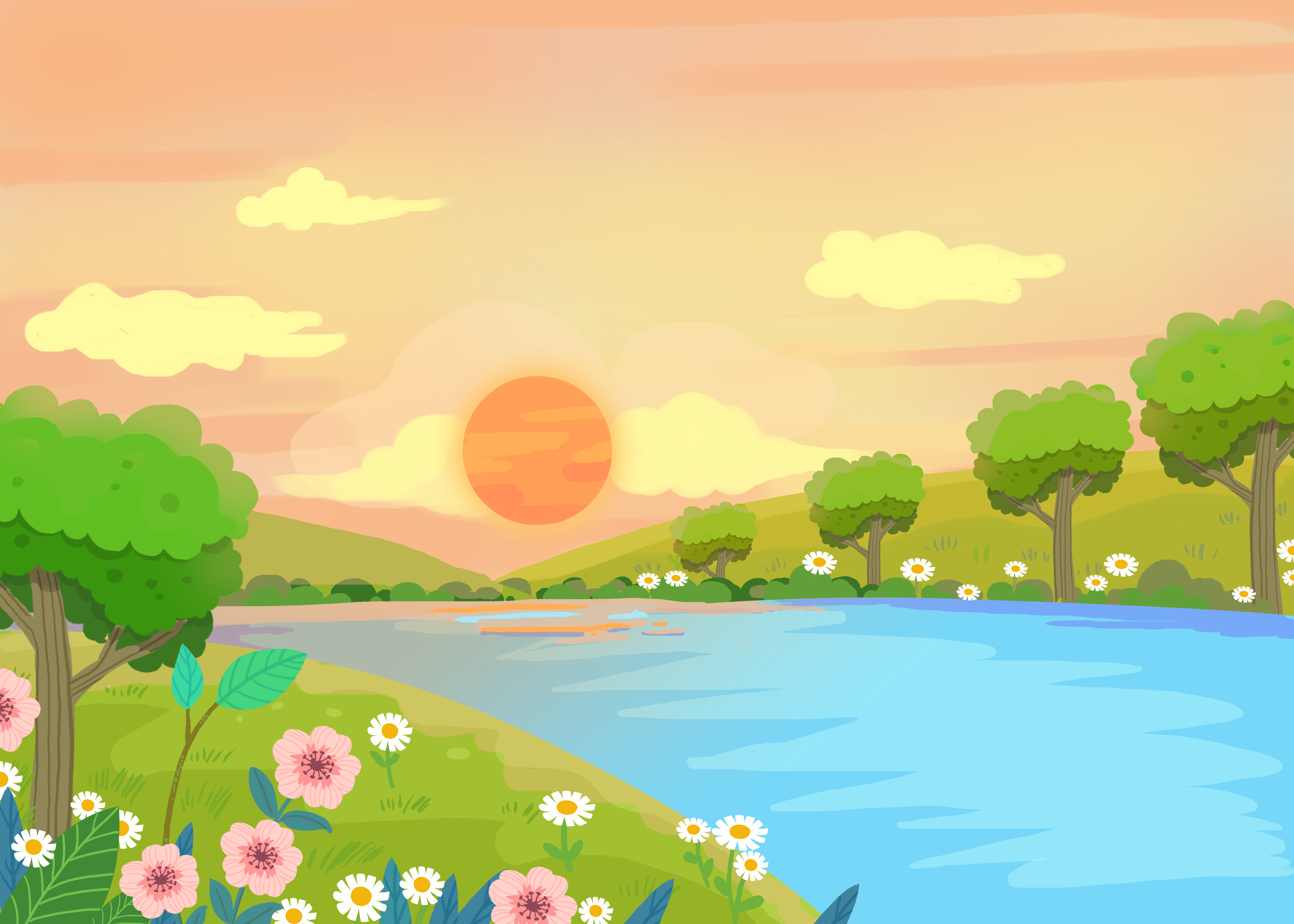 湖边日落卡通自然风景图片