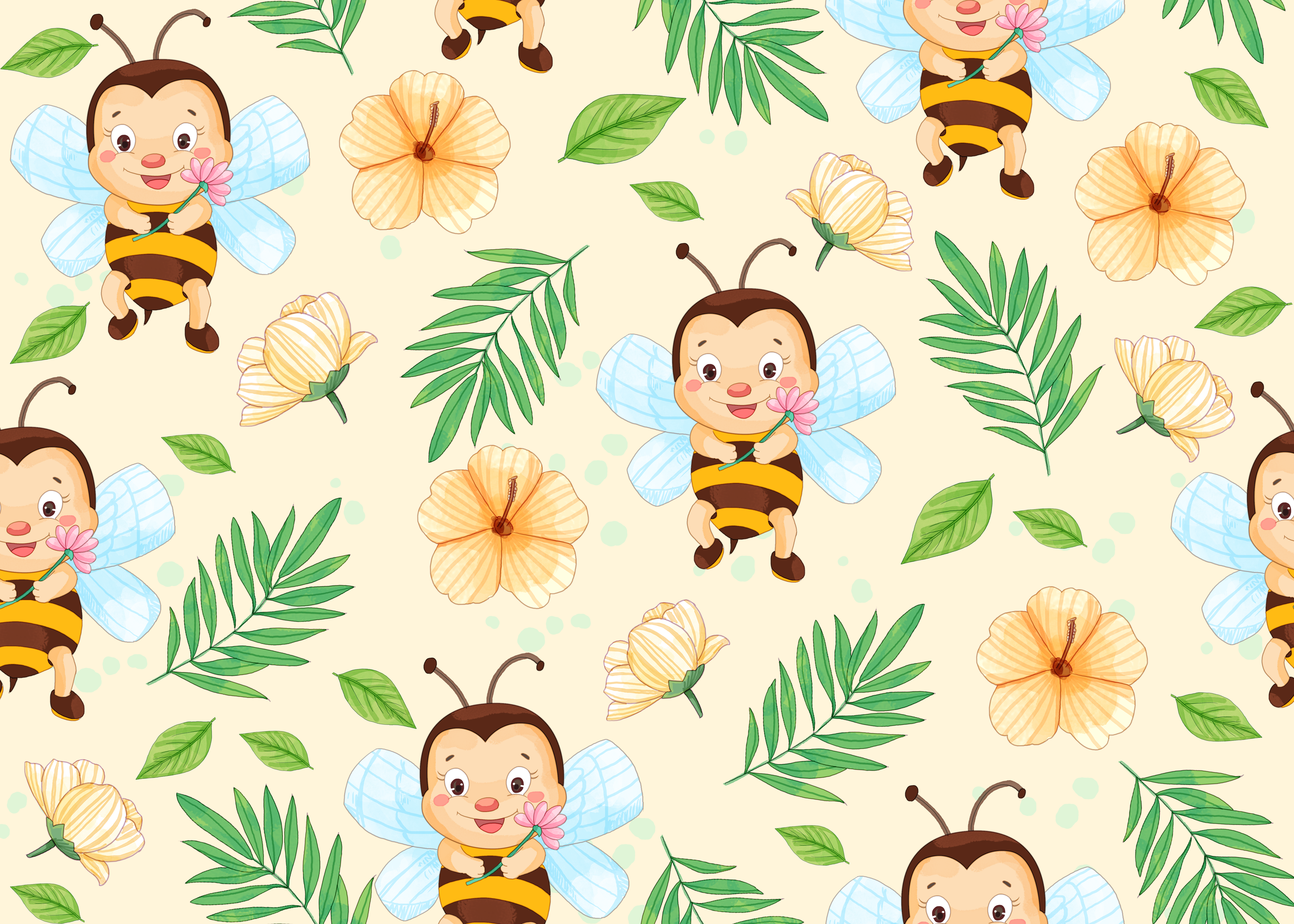 夏季水彩可爱蜜蜂与花朵无缝隙背景图片