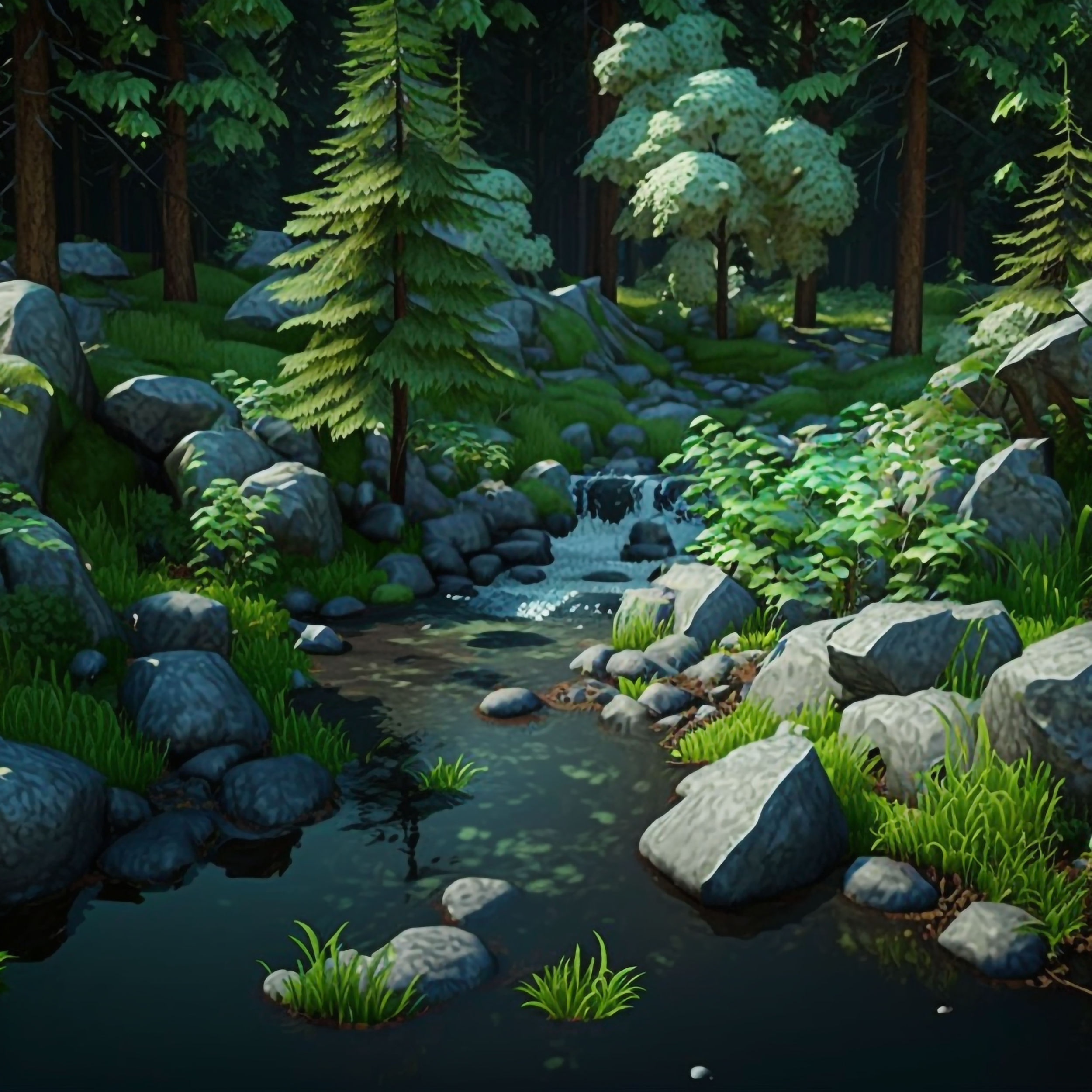 石头水流森林动画游戏卡通风景图片