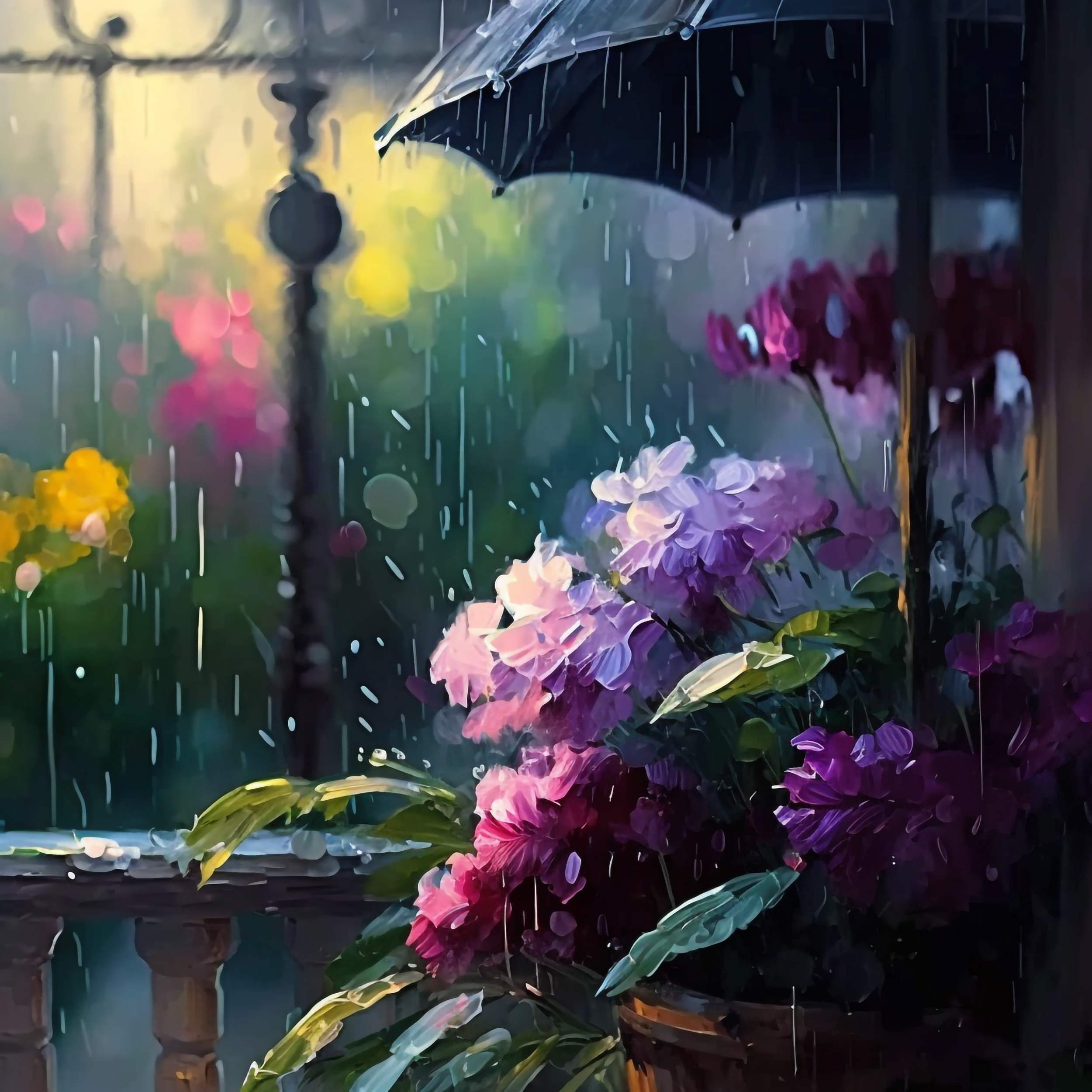 鲜花雨滴雨中的阳台花园油画花卉背景图片