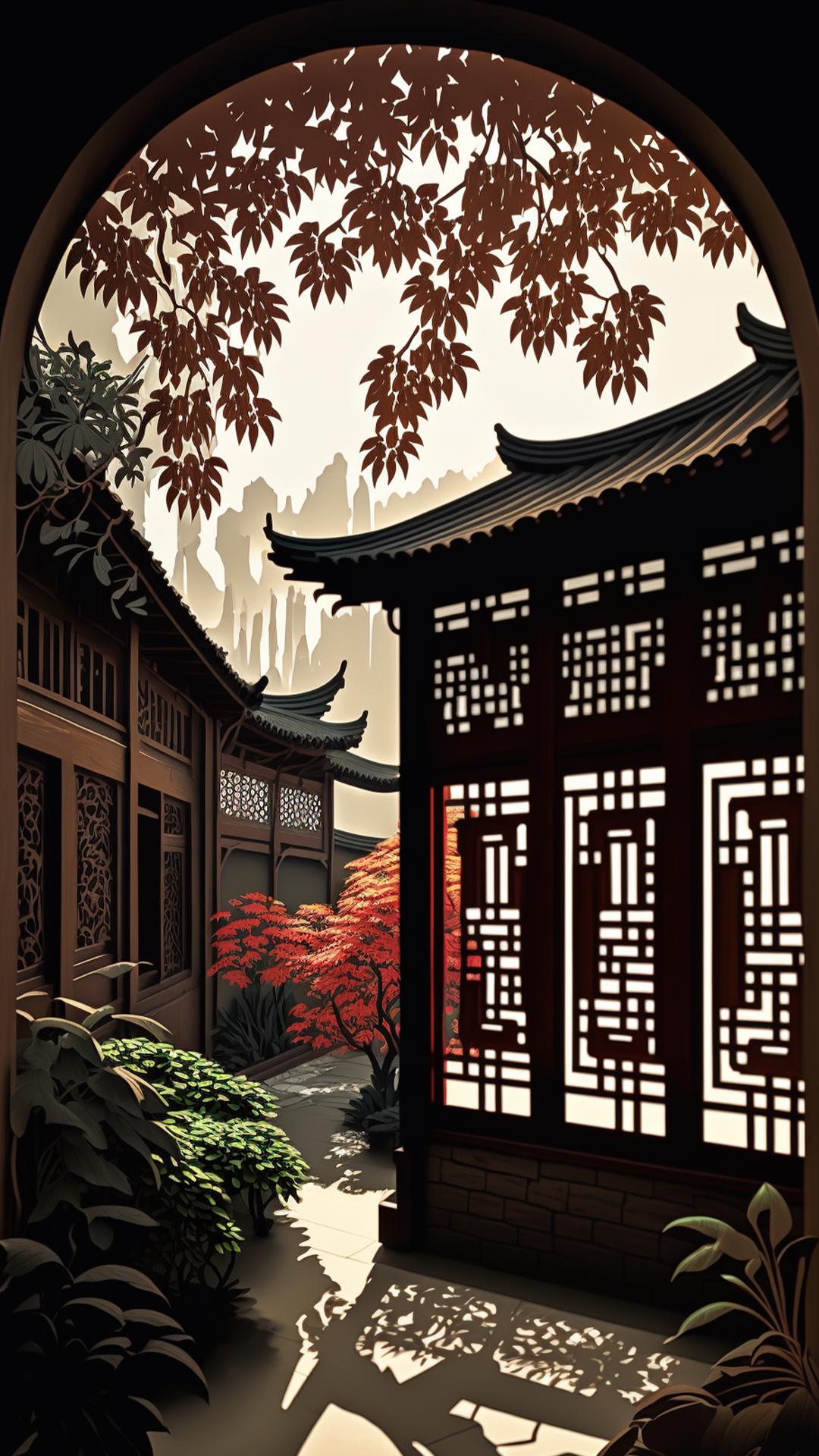 中国风窗户庭院卡通背景图片