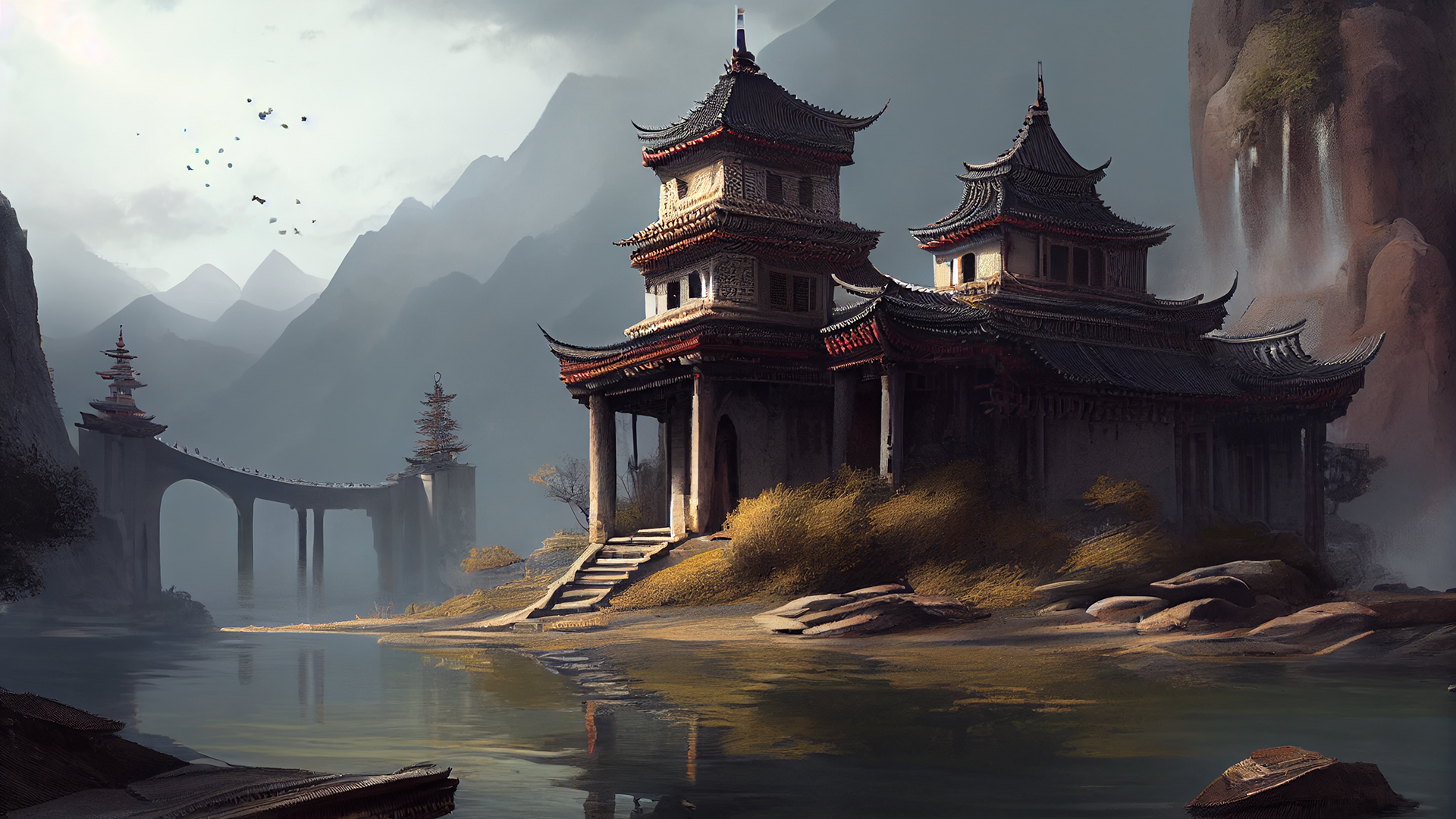山河建筑中国风格插画背景图片