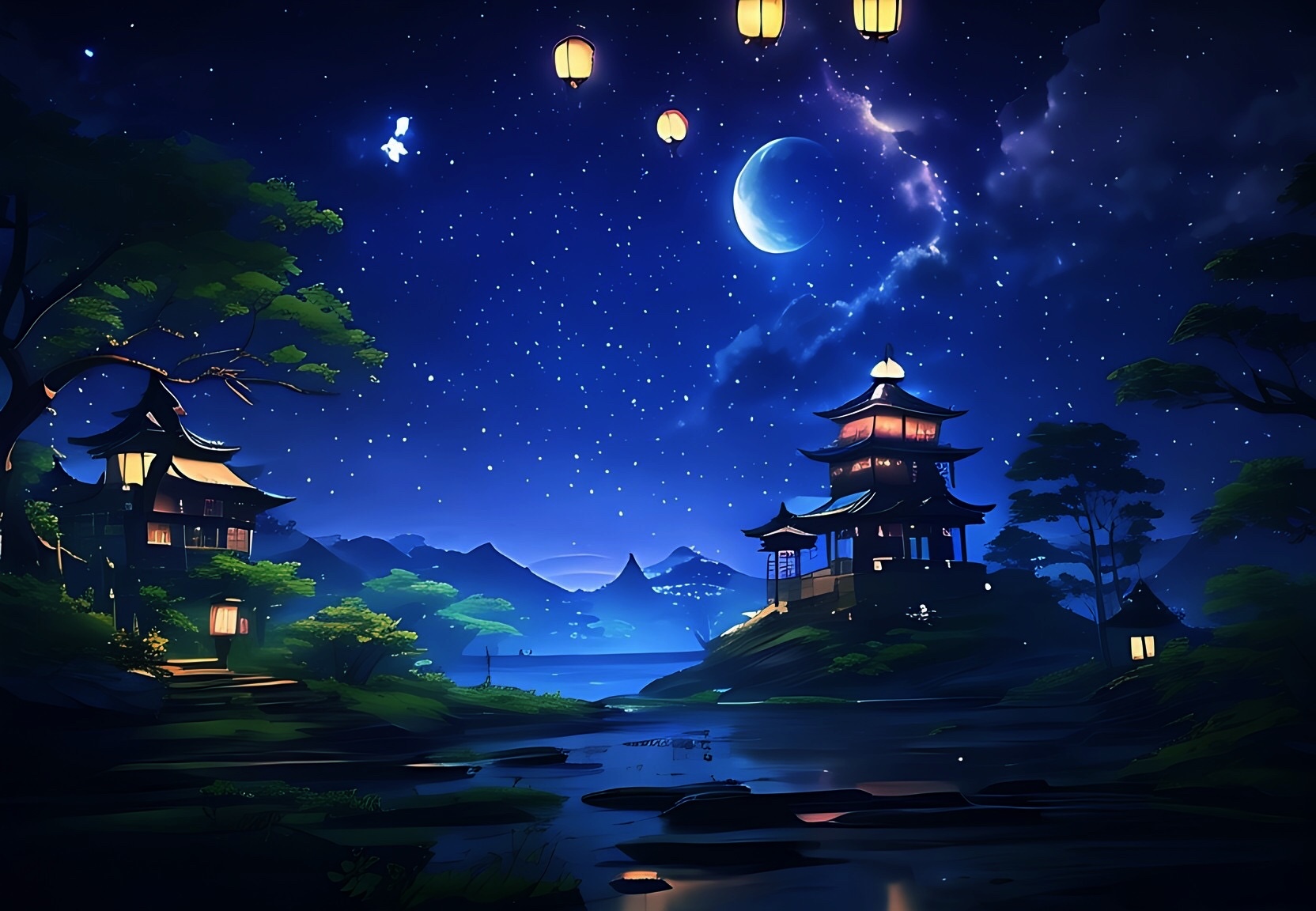 孔明灯月亮清明节背景图片