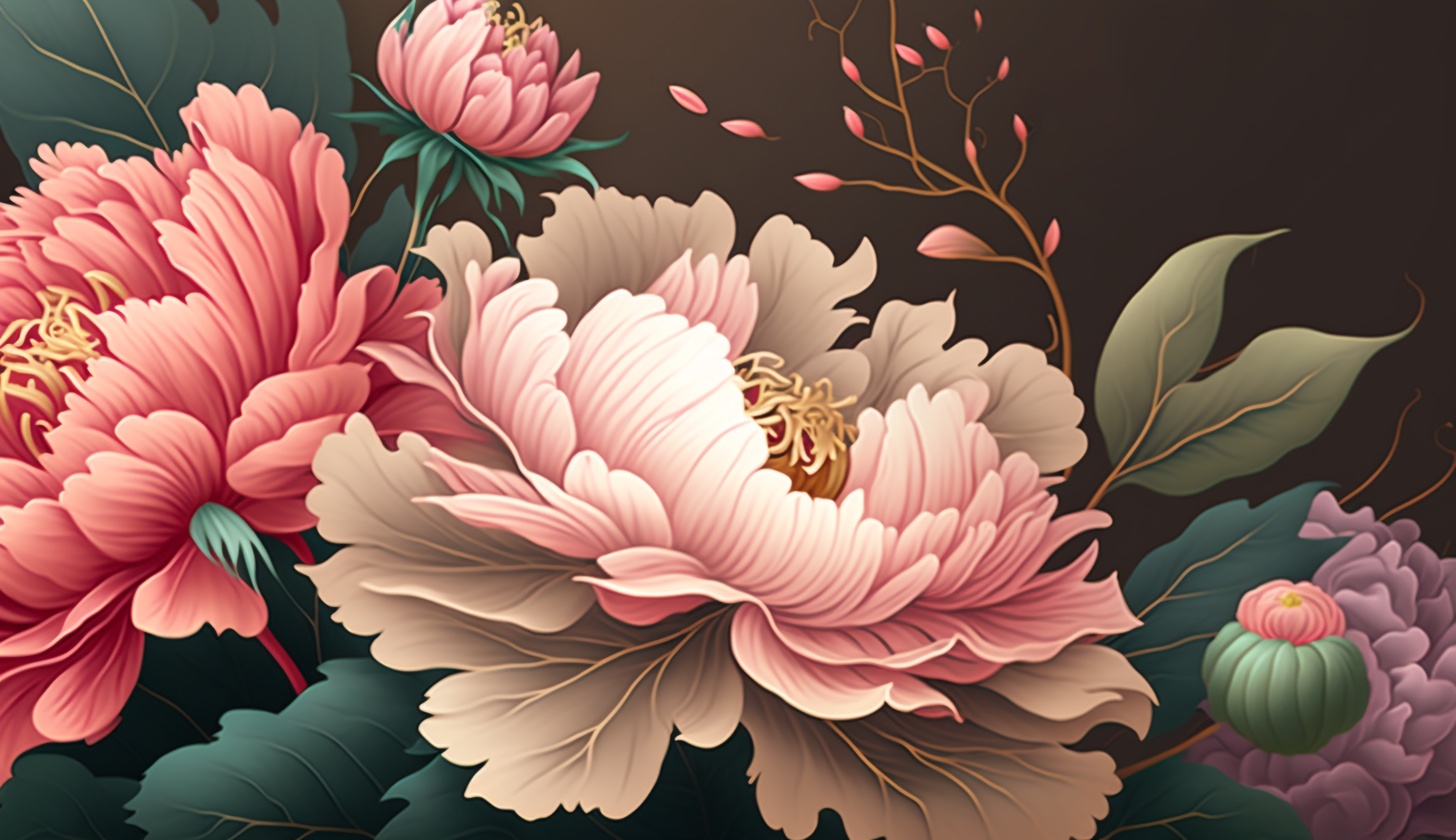 盛开的牡丹花花瓣复古装饰画花卉海报图片