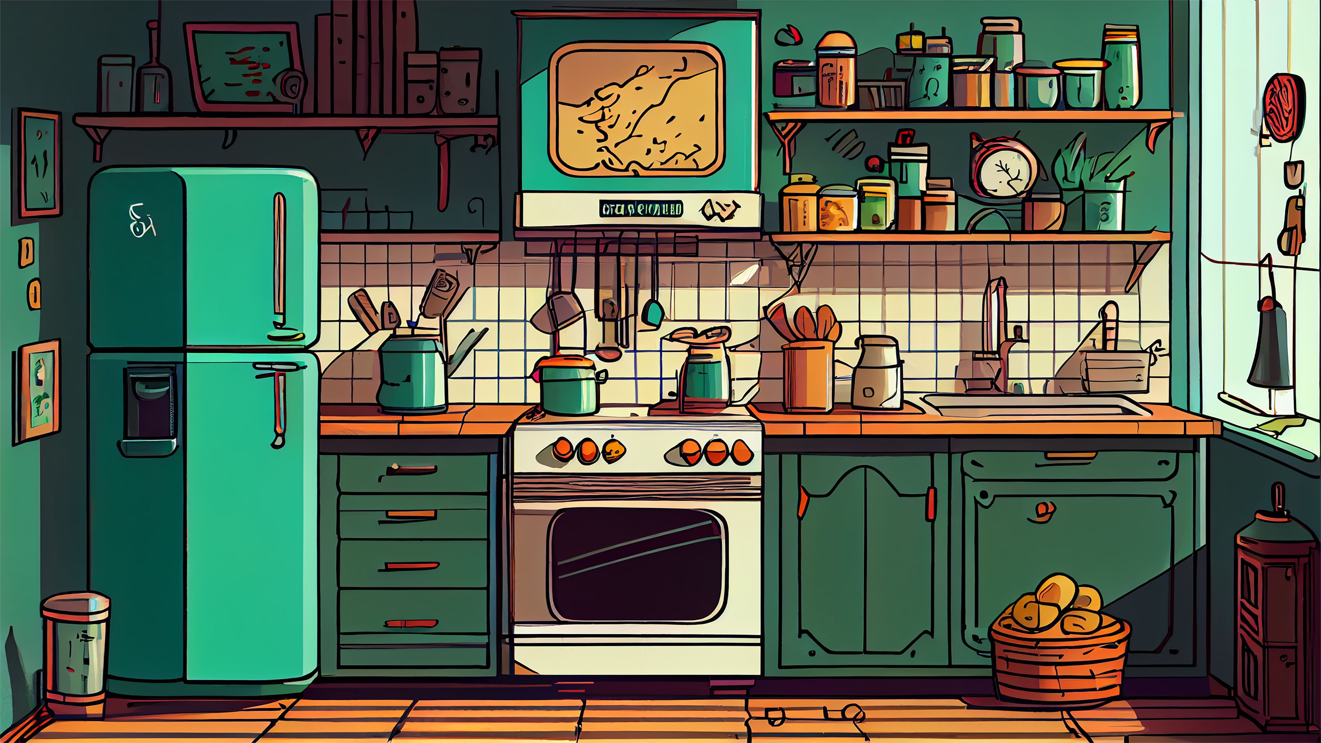 厨房绿色卡通插画背景图片