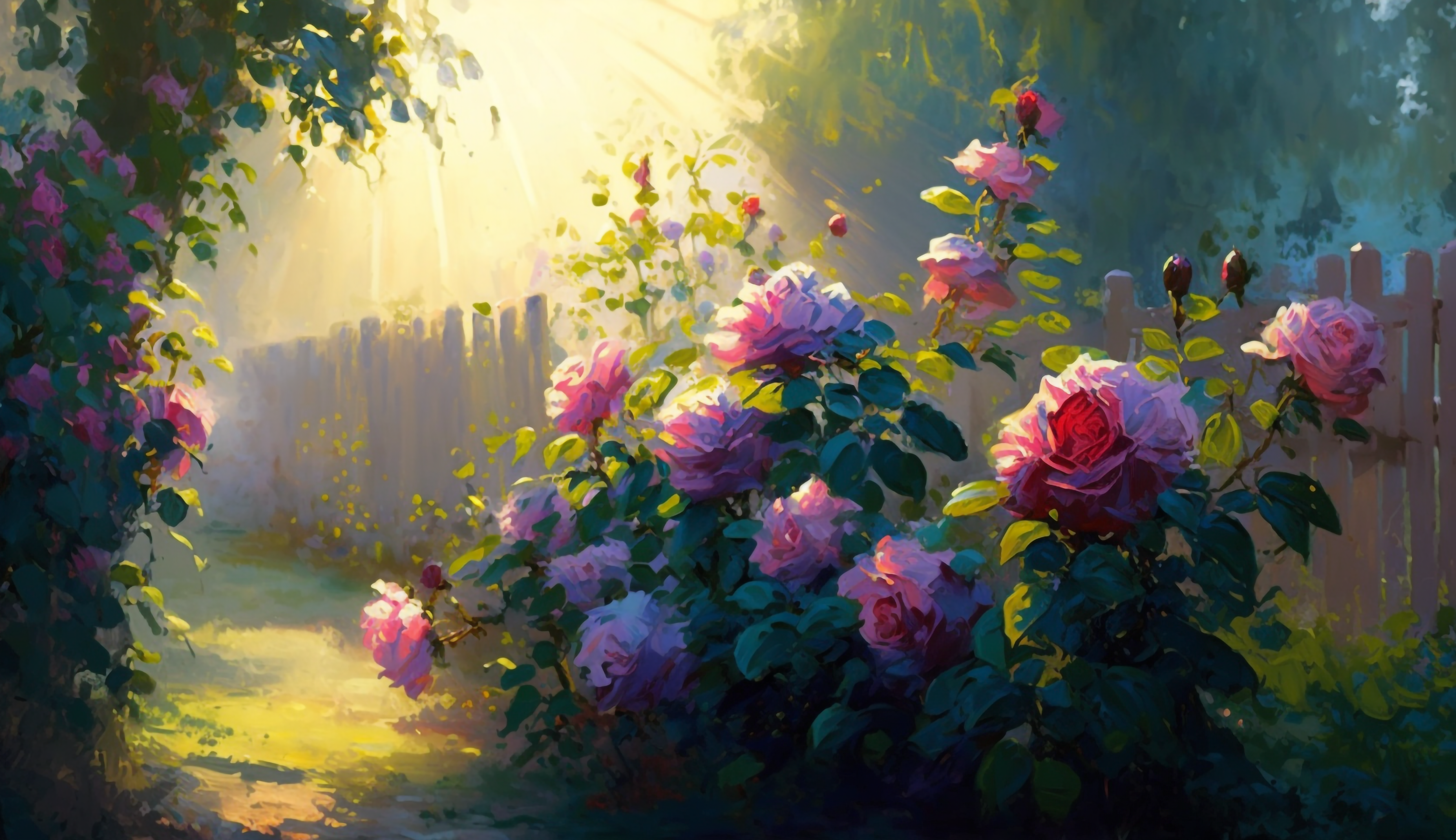 玫瑰花园庭院创意插画花卉背景图片