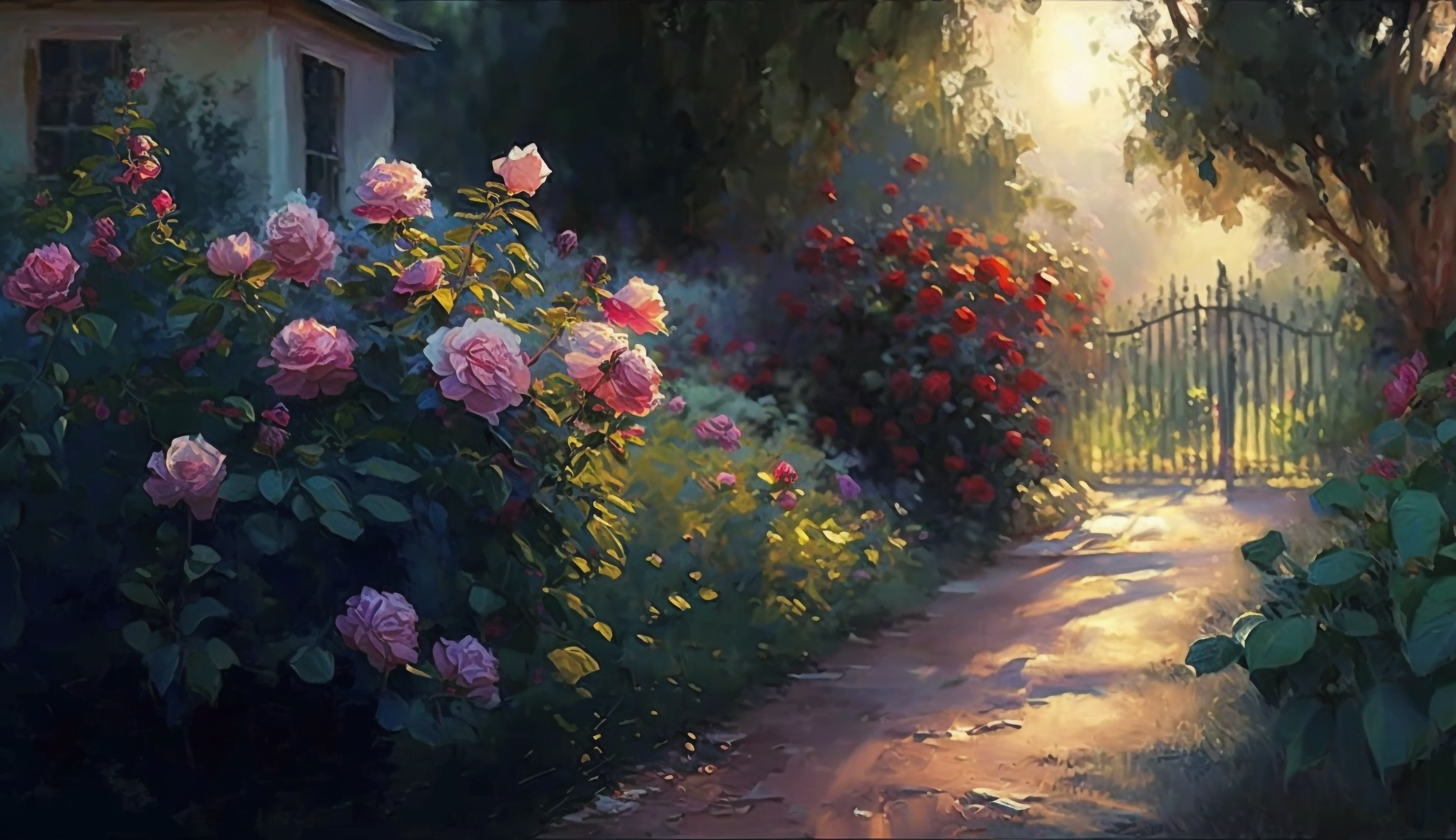 玫瑰花园庭院油画创意插画花卉背景图片