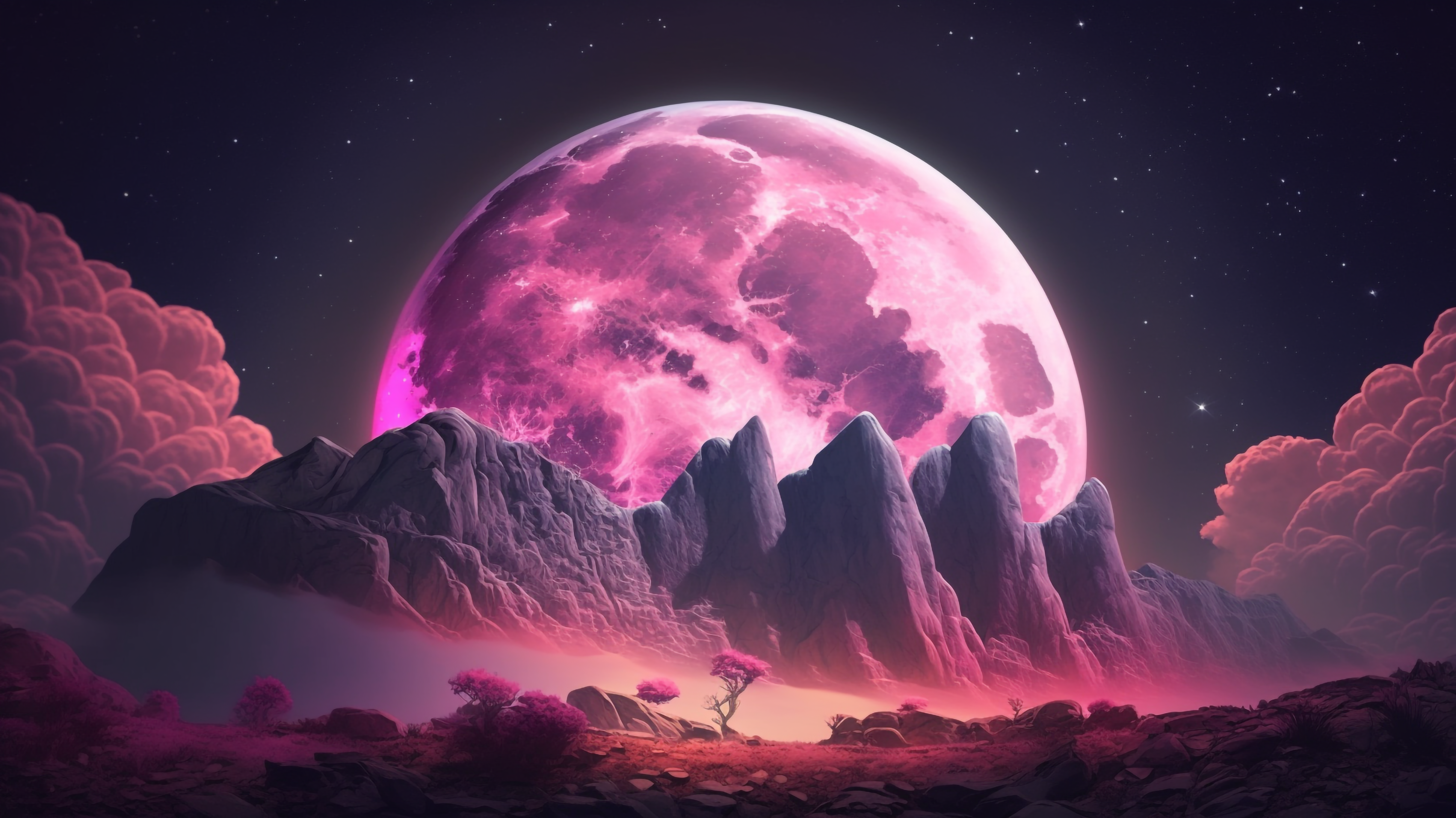 月亮粉色梦幻山脉云朵背景图片