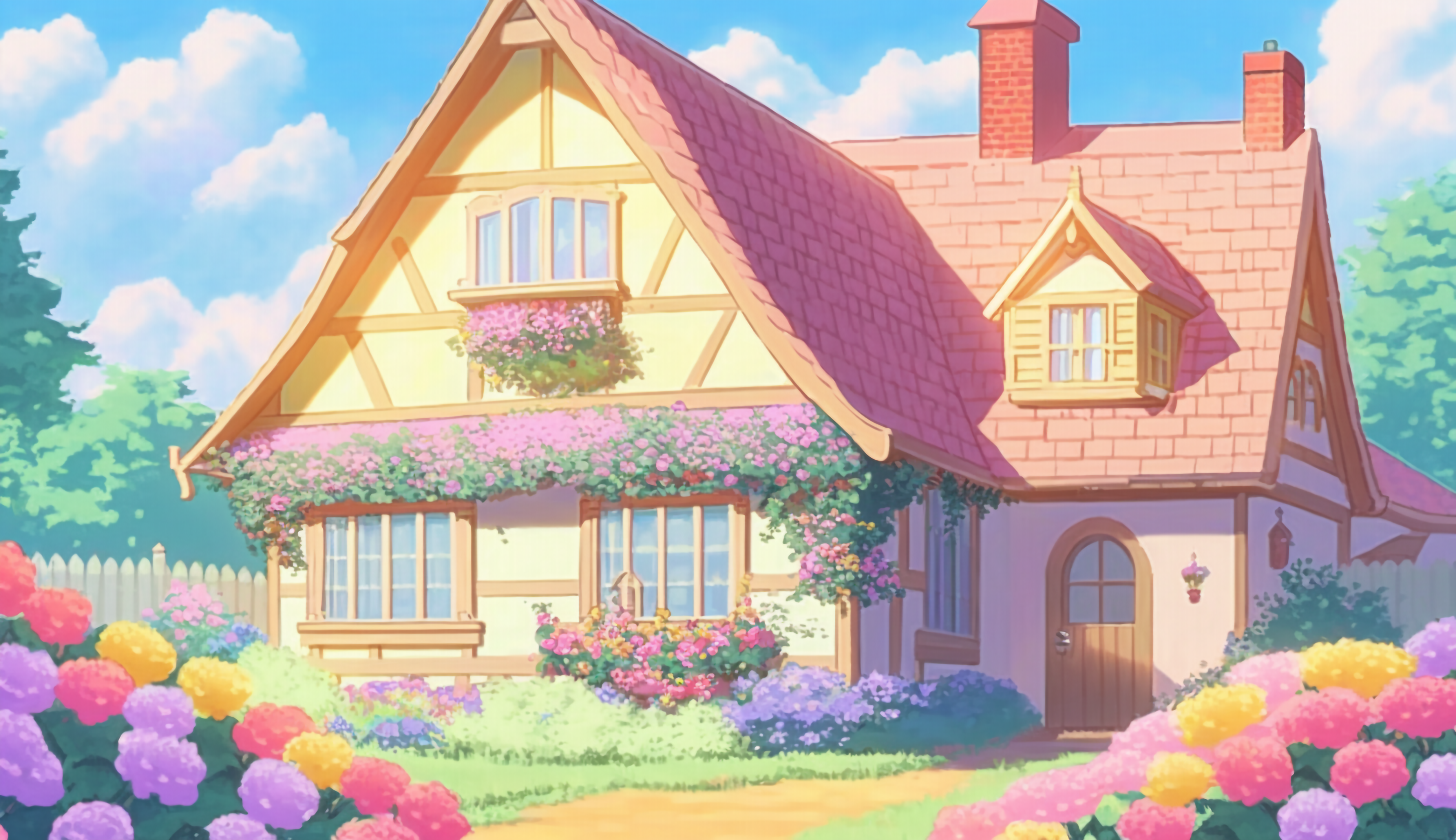玫瑰花园草坪粉色房屋装饰图案卡通房子背景图片