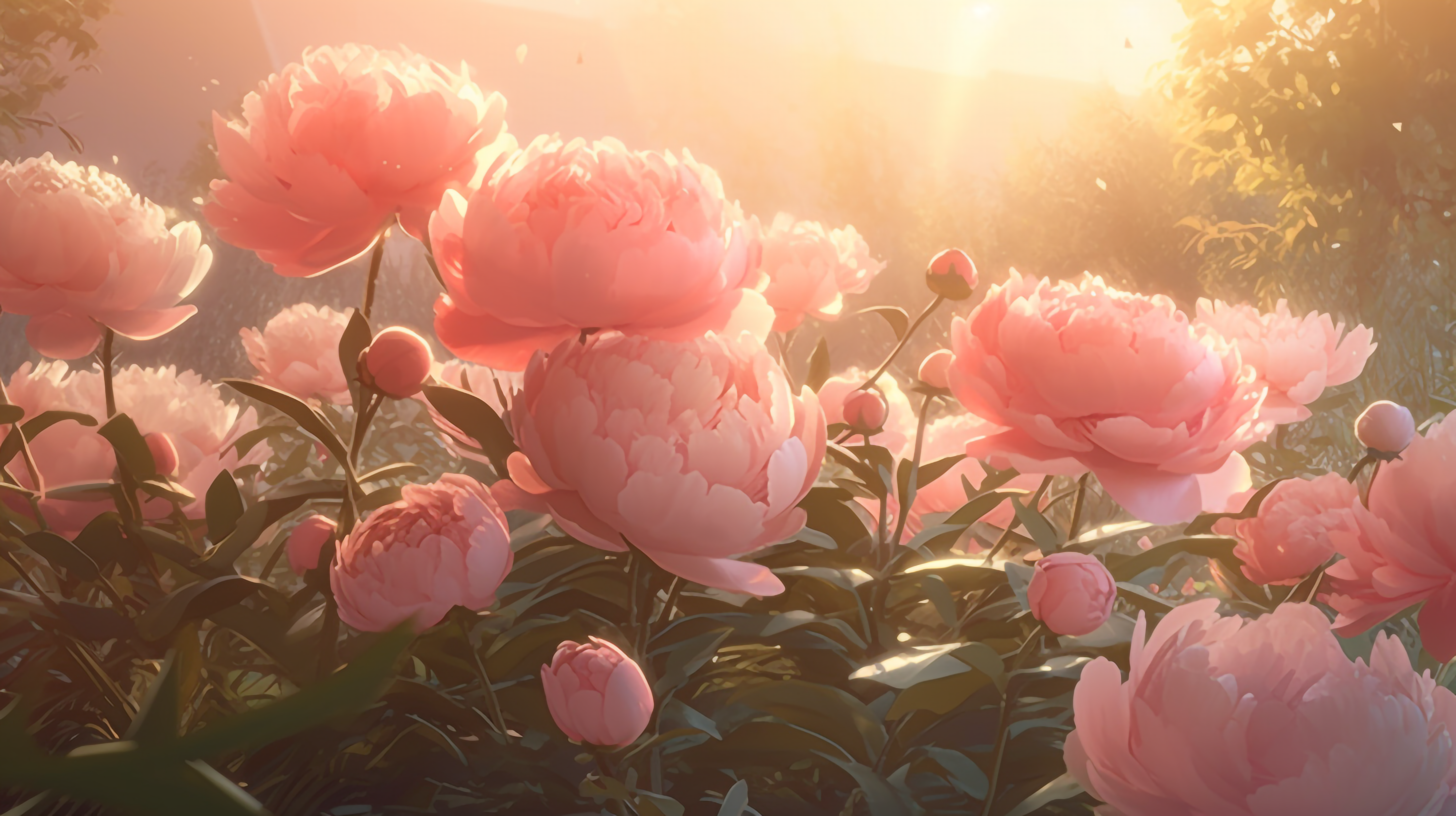 粉色芍药花植物叶子阳光自然背景图片