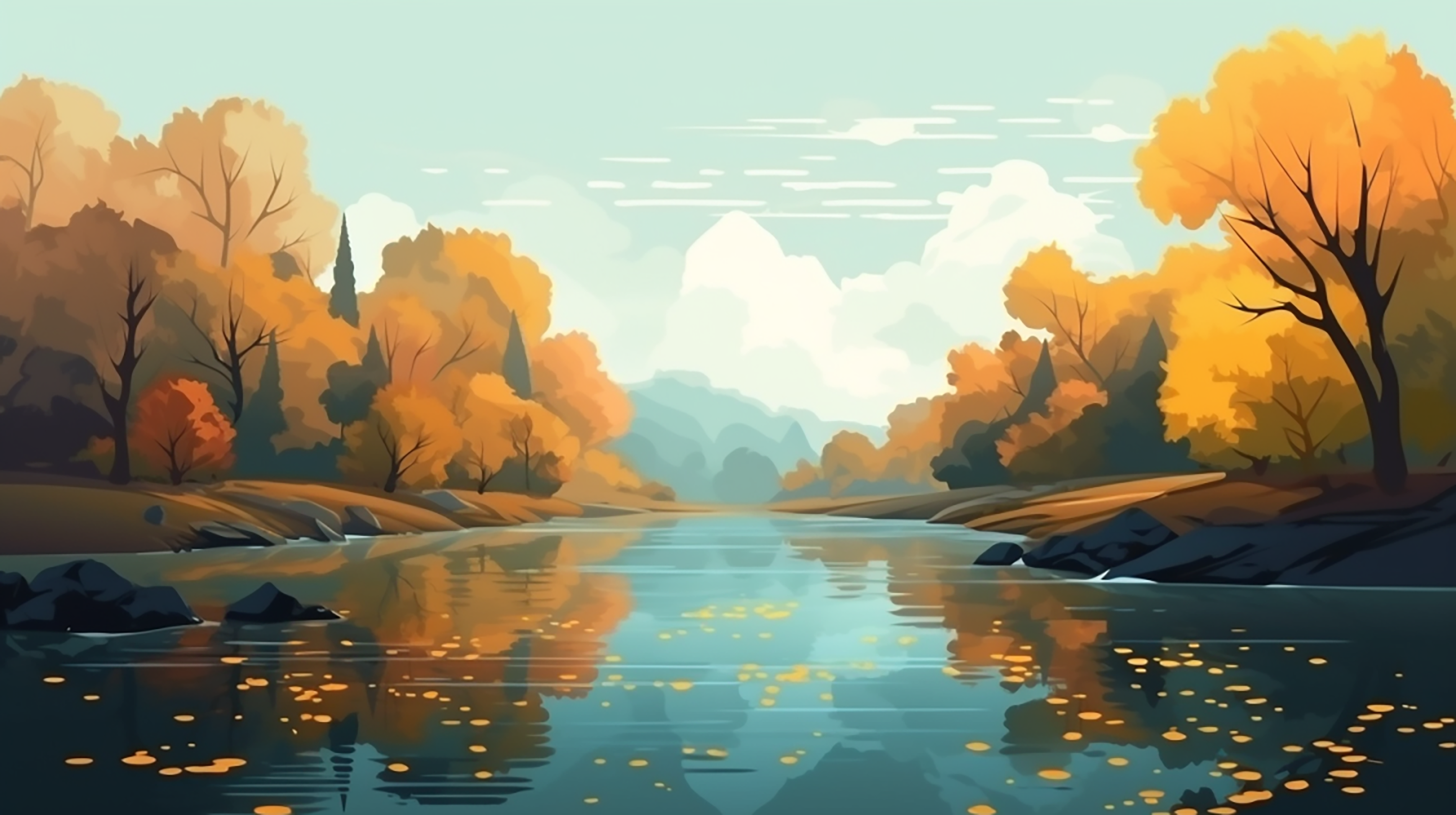 秋天森林河流卡通背景图片