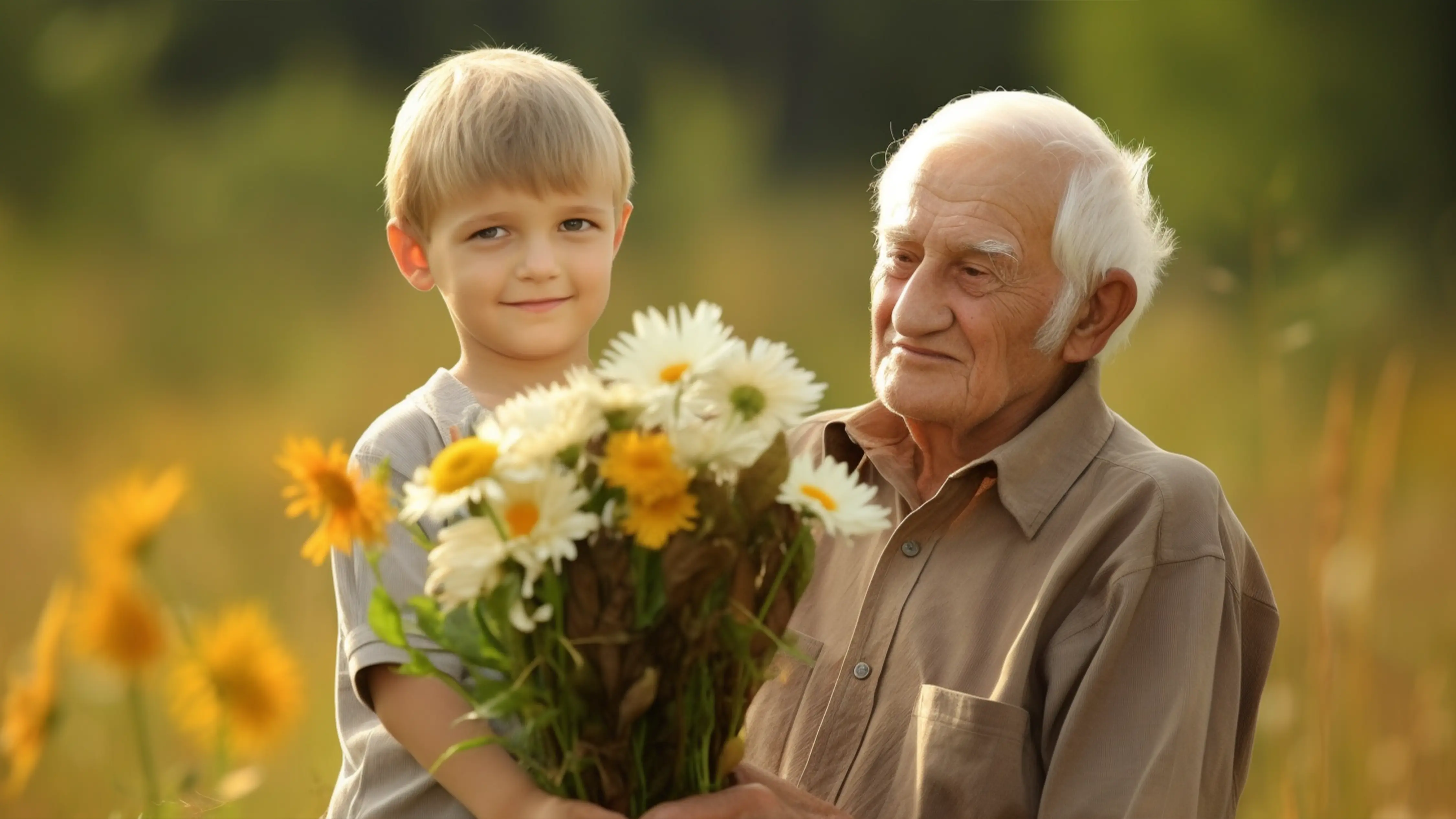 祖父母日爷爷孙子鲜花真实背景图片