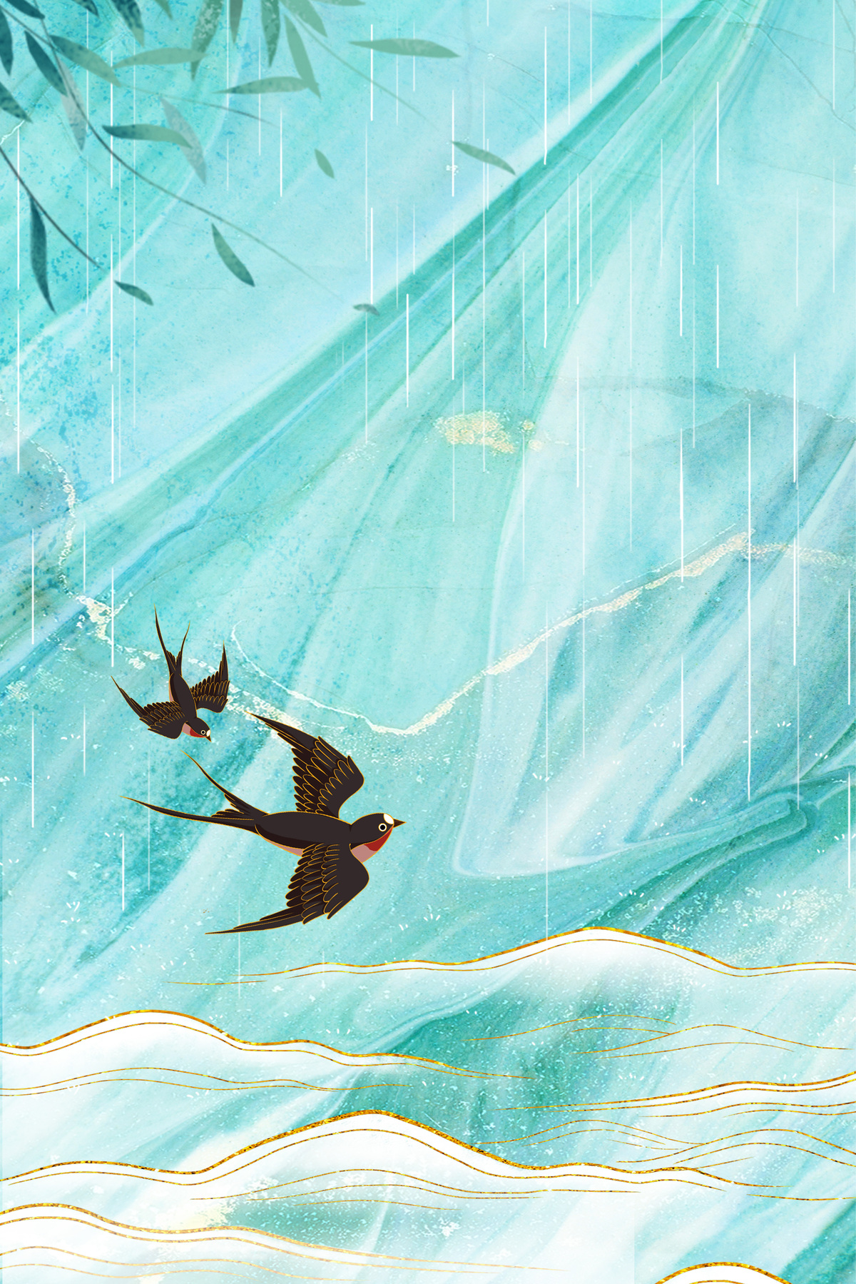 谷雨雨水春季春天绿色纹理底纹鎏金燕子背景图片