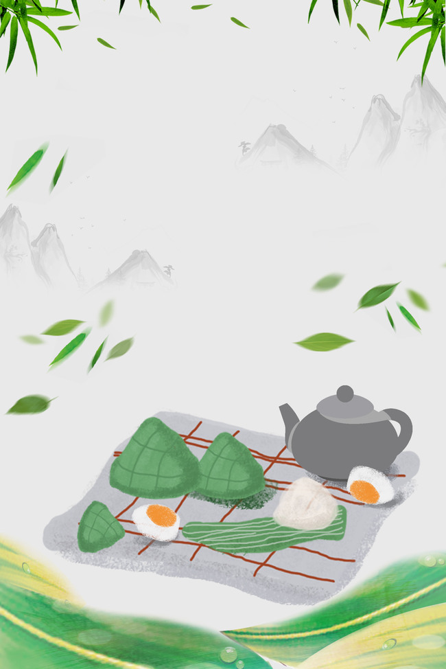 小清新山水卡通端午节粽子背景图片
