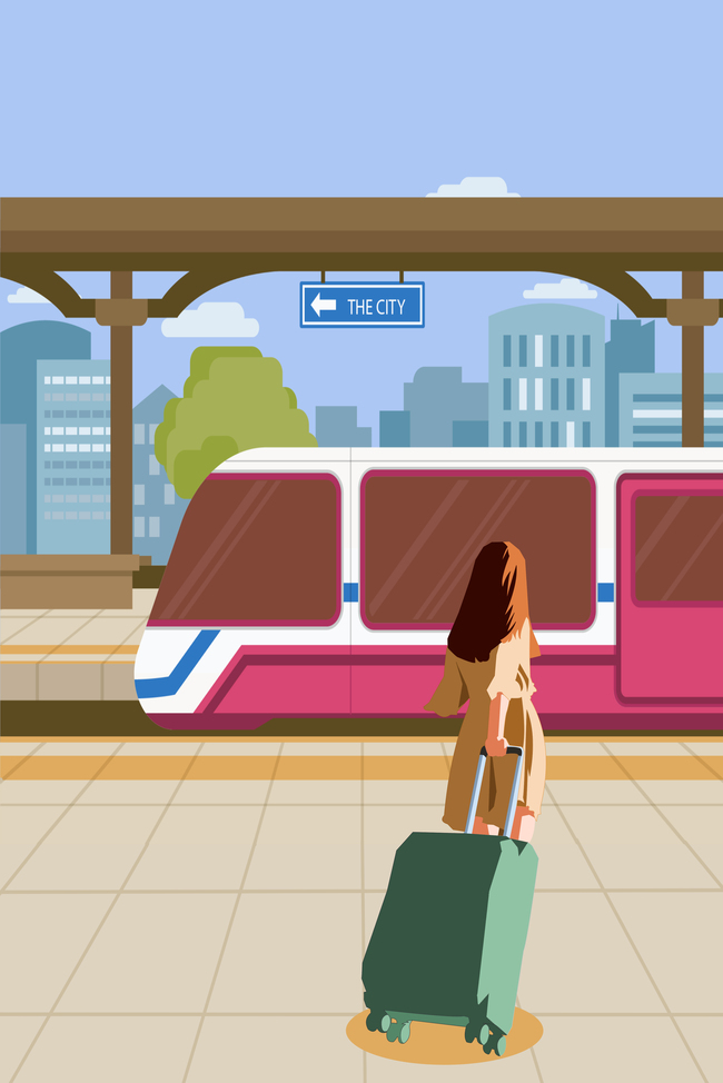 国庆返程女孩高铁站台等车手绘创意海报背景图片