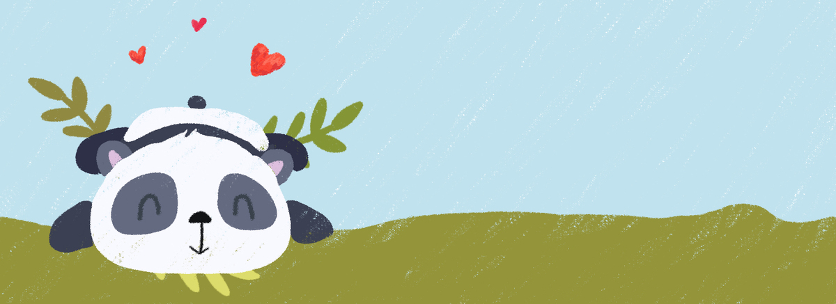手绘卡通趴在草地上的熊猫蜡笔质感背景图片