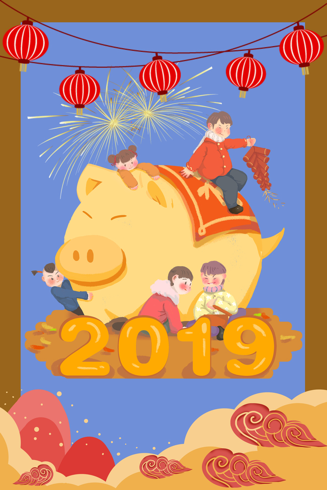 2019年猪年创意手绘金猪新年海报背景图片