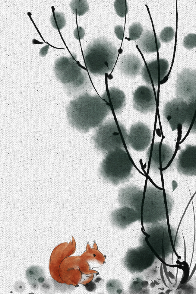 水墨手绘树下的小松鼠电商淘宝背景Ｈ5图片
