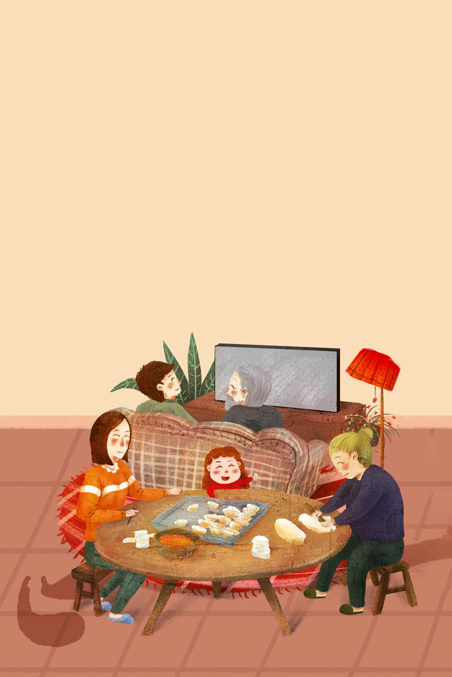 家人团聚热闹看电视吃饭插画海报图片