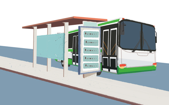 手绘卡通公交站绿色巴士背景插画图片