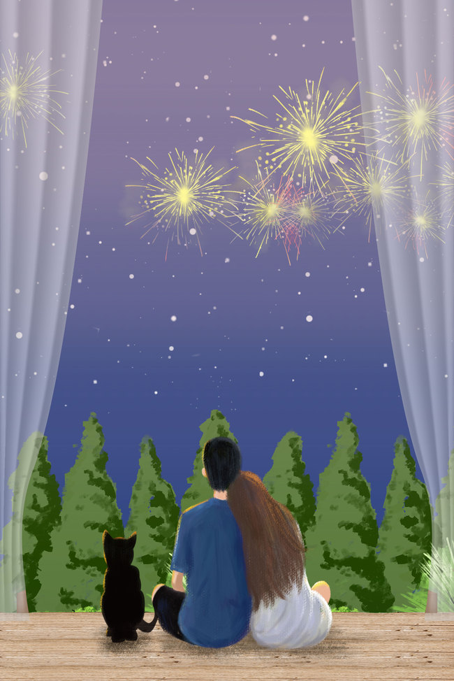 简约浪漫情侣猫背影夜晚星空赏月森林背景图图片