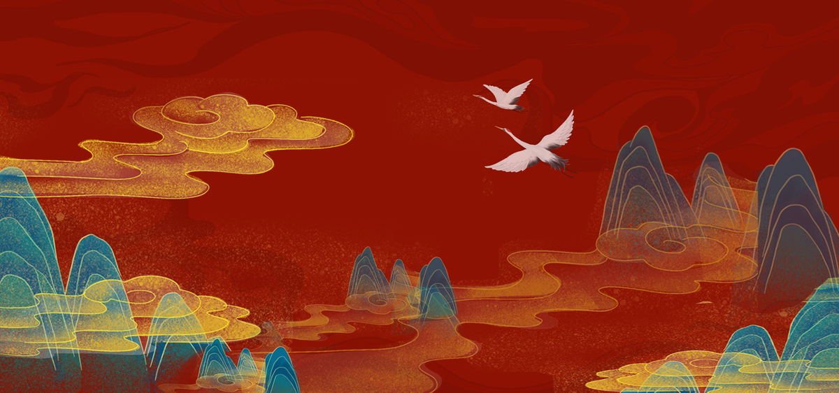 红色中国风仙鹤山水背景图图片