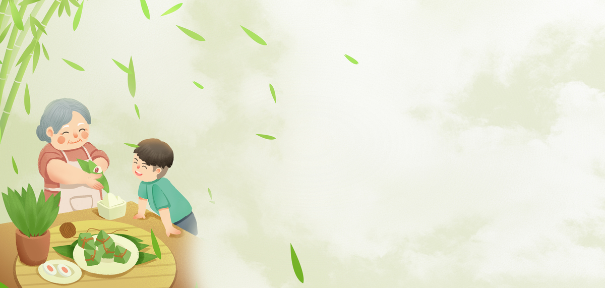 端午节包粽子的奶奶绿色简约背景图片
