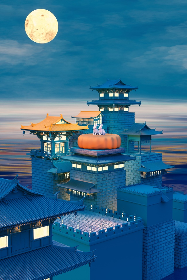 中秋中国风建筑月饼背景图片