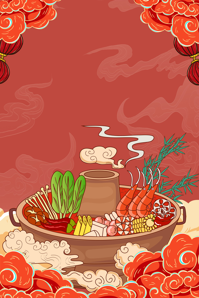 火锅美食红色国潮背景图片