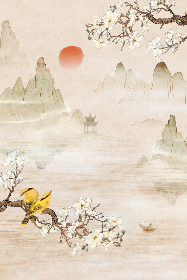 中国风山水花鸟国风工笔风海报背景图片