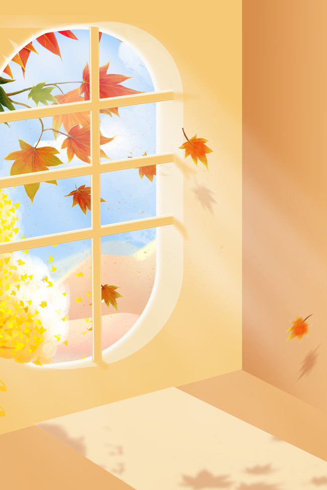 简约秋天枫叶窗户橙色简约手绘海报背景图片