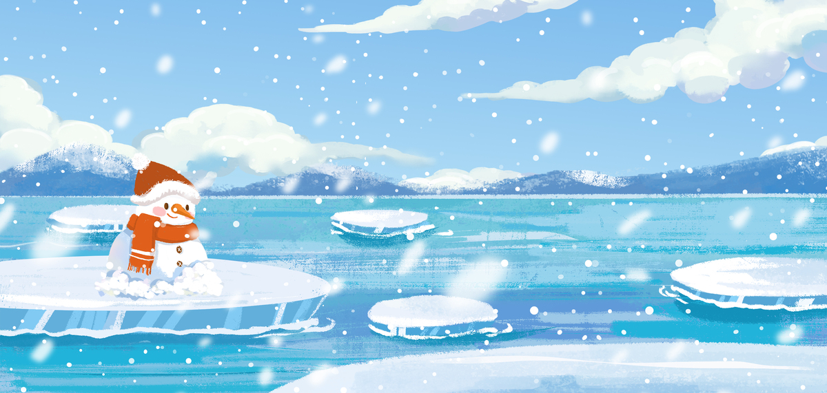 冬天各种形象蓝色卡通湖面图片