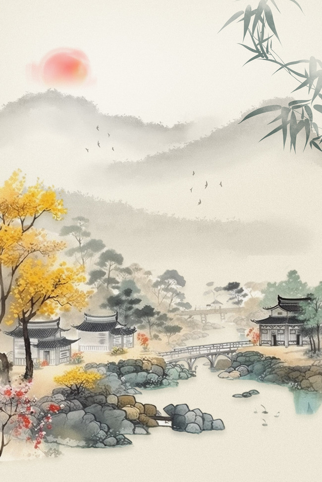 中国风山水黄色古风背景图片